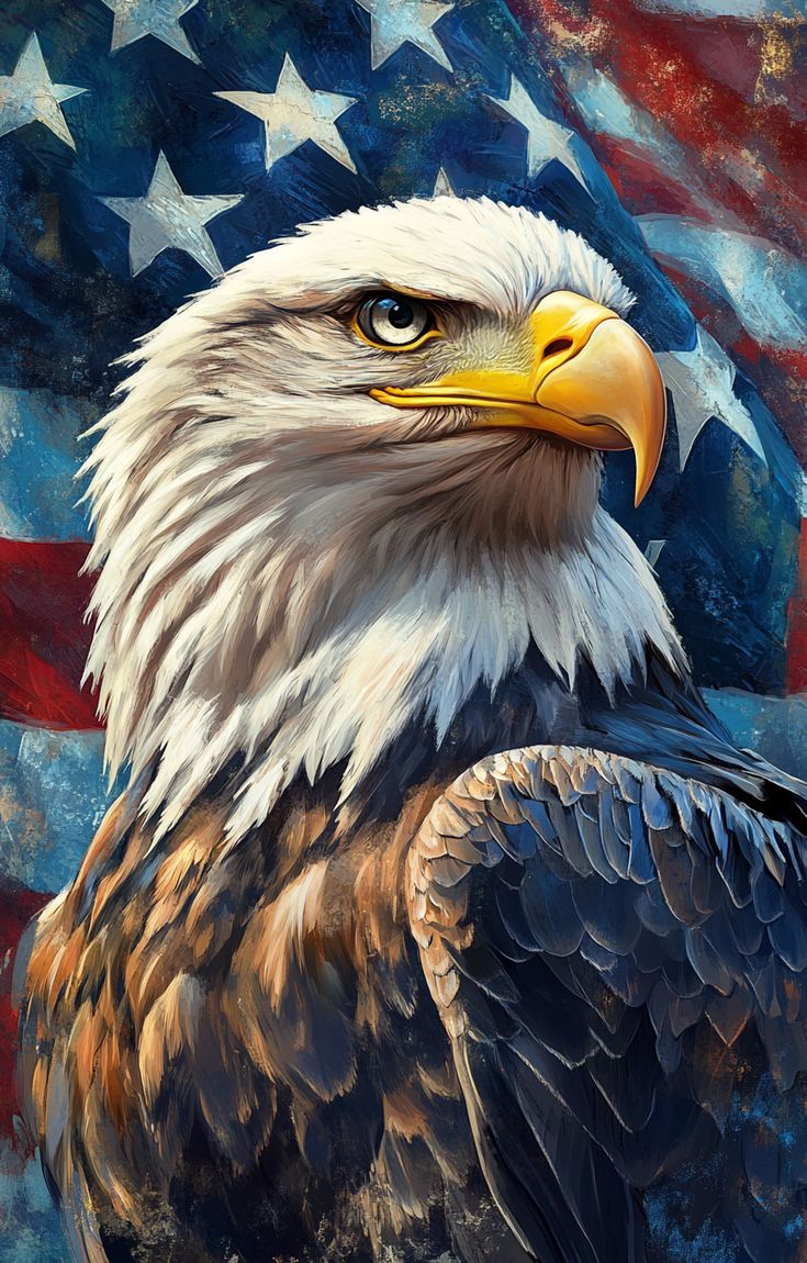 Bald eagle in front of the American flag